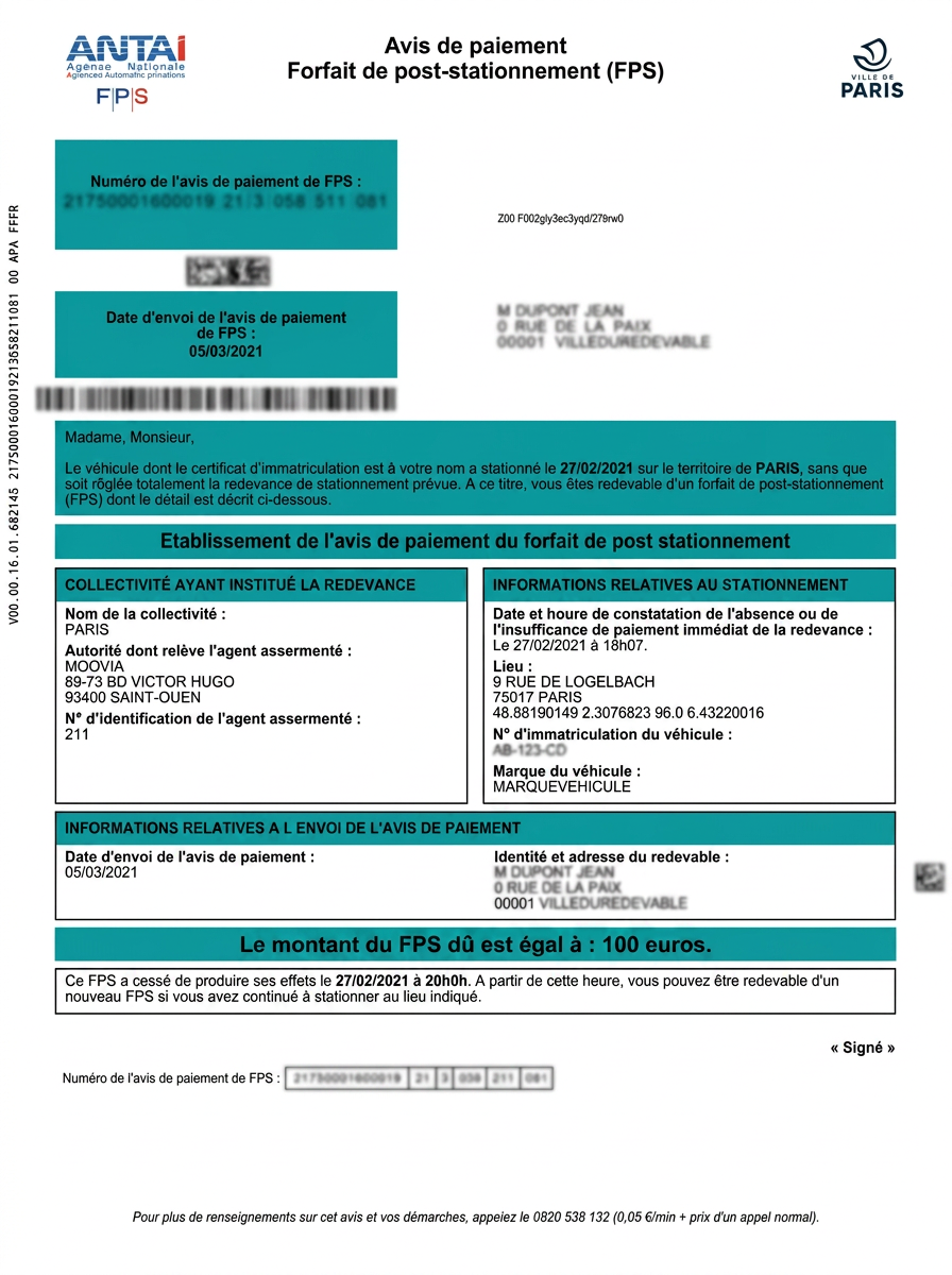 Exemple d'avis de paiement FPS de 100 € émis par l'ANTAI, données personnelles floutées